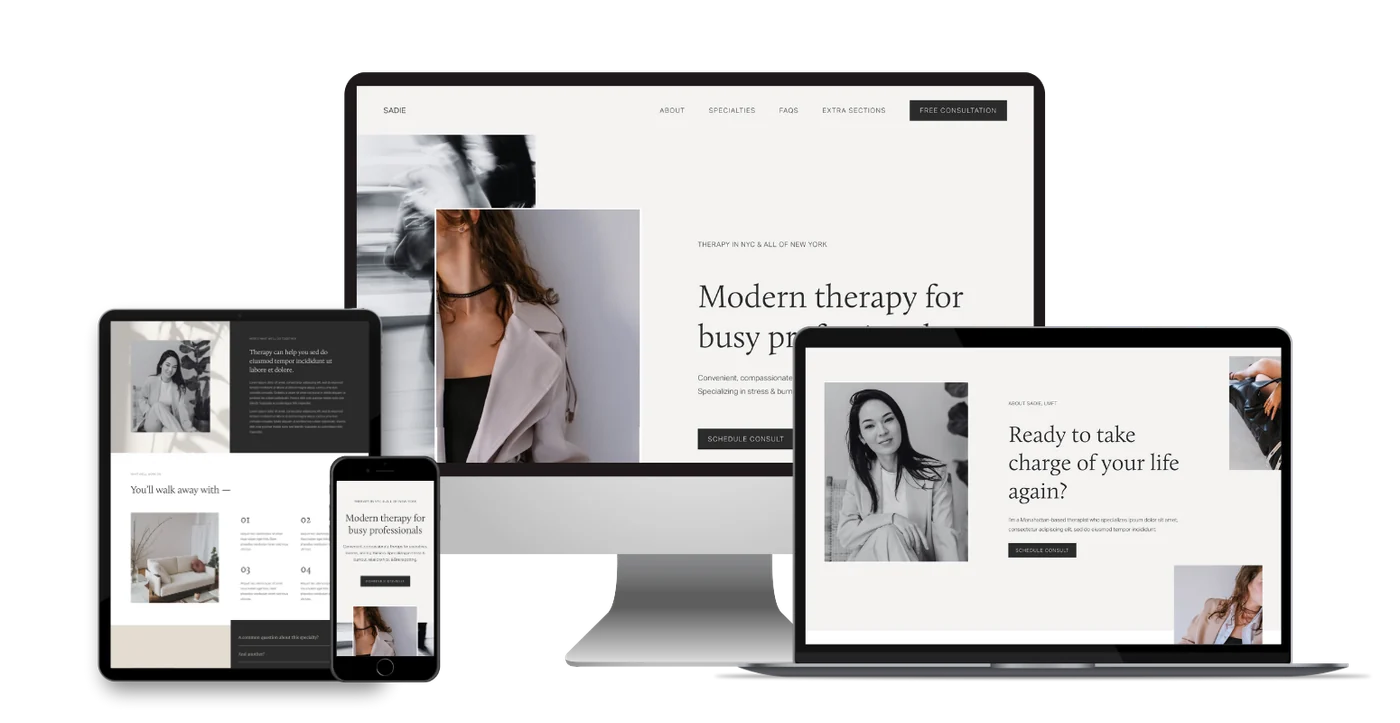 Quiet confidence. Therapy website reference shown across desktop, tablet and mobile